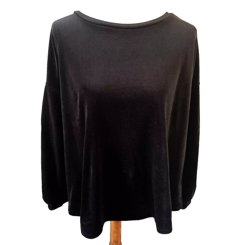 Black Velour Tunic Top XL Long Sleeve Dropped Shoulder Rounded Hem Old Navy